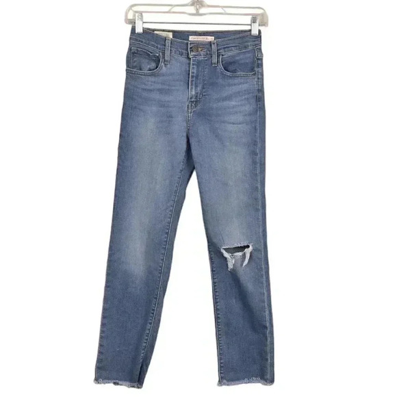 Levi's Premium Jeans 724 High Rise Slim  Straight Crop Jean Blue Raw Hem Size 25 - Picture 4 of 16